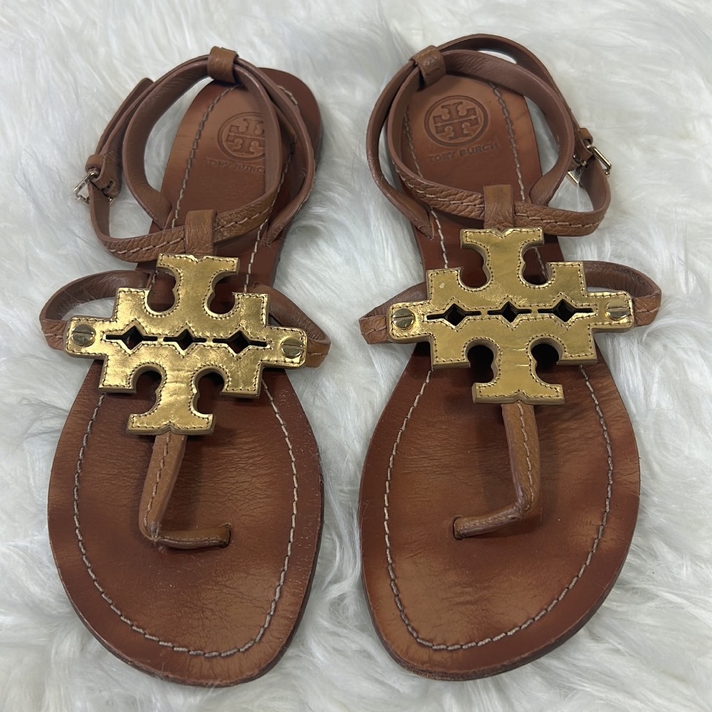 Tory Burch Tan & Gold Phoebe Leather Flat Sandals